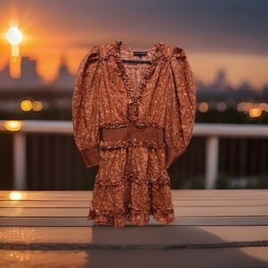 House Of Harlow 1960 Wallis Rust Mini Tier Dress Smocked Floral Small/S VGC